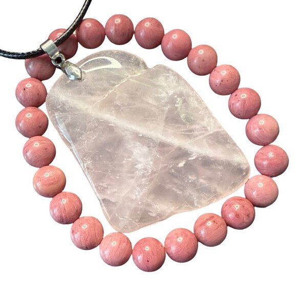 Rose Quartz Pendant Necklace pink rhodonite bracelet fashion accessories bundle - Picture 9 of 10